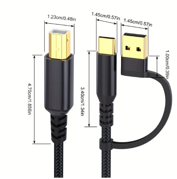 Picture of 2in1 USB C to USB B 6.6FT 2M Printer & MIDI Cable, Compatible with Music Instrument, Piano, Midi Keyboard, USB Microphone