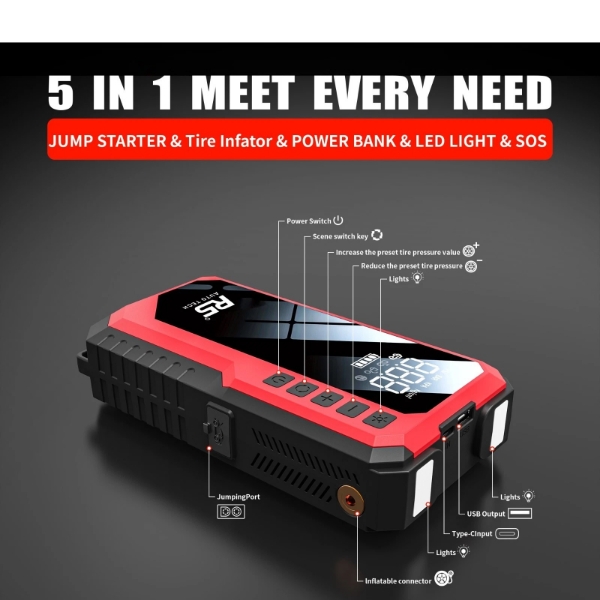 Picture of 8000mAh Jump Starter and Power Bank – 800A Peak, 4-in-1 with Air Compressor, Battery Booster RED