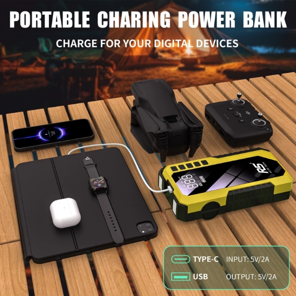 Picture of 8000mAh Jump Starter and Power Bank – 800A Peak, 4-in-1 with Air Compressor, Battery Booster. Yellow