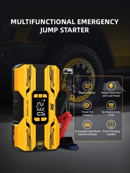 Picture of Car Jump Starter 8000mAh, 800A Peak | 4-in-1 Portable Air Compressor & Power Bank Yellow