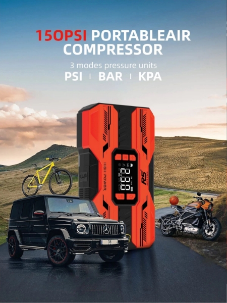Picture of Car Jump Starter 8000mAh, 800A Peak | 4-in-1 Portable Air Compressor & Power Bank Red