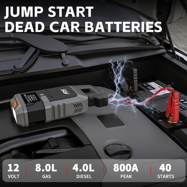 Picture of Jump Starter 8000mAh 800A Peak 4-in-1 Portable Power Bank with Air Compressor & LED Flashlight Grey