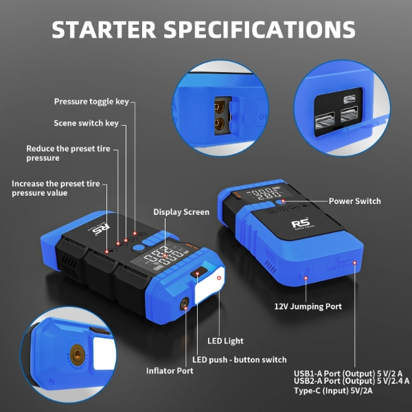 Picture of Jump Starter 8000mAh 800A Peak 4-in-1 Portable Power Bank with Air Compressor & LED Flashlight Blue