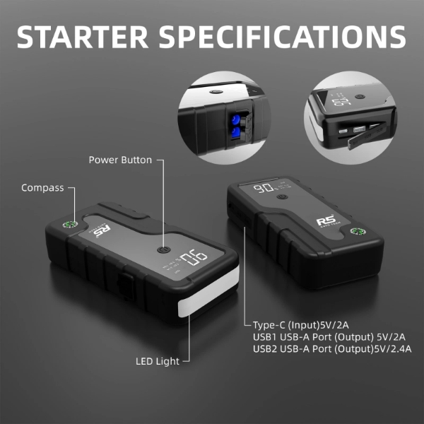 Picture of Car Jump Starter, 8000mAh, 800A Peak, 3-in-1 with LED Flashlight, Power Bank Black