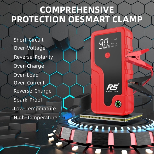 Picture of Car Jump Starter, 8000mAh, 800A Peak, 3-in-1 with LED Flashlight, Power Bank Red