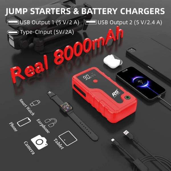 Picture of Car Jump Starter, 8000mAh, 800A Peak, 3-in-1 with LED Flashlight, Power Bank Red