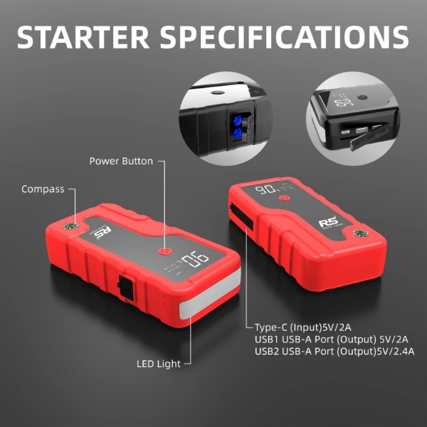 Picture of Car Jump Starter, 8000mAh, 800A Peak, 3-in-1 with LED Flashlight, Power Bank Red
