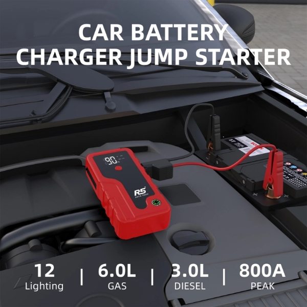 Picture of Car Jump Starter, 8000mAh, 800A Peak, 3-in-1 with LED Flashlight, Power Bank Red
